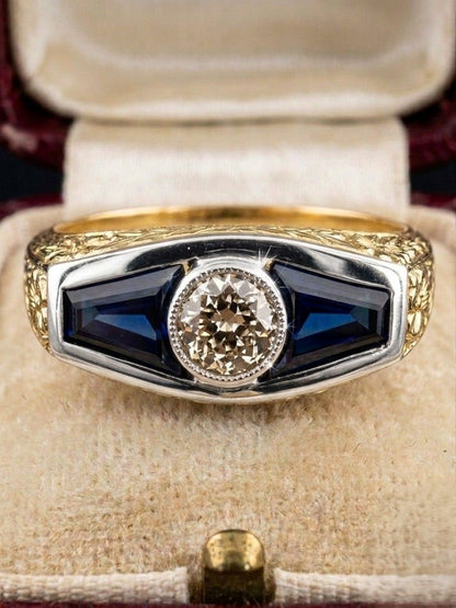 Italian Edwardian Verneuil Sapphire Diamond Three Stone Gent ring 18 KT