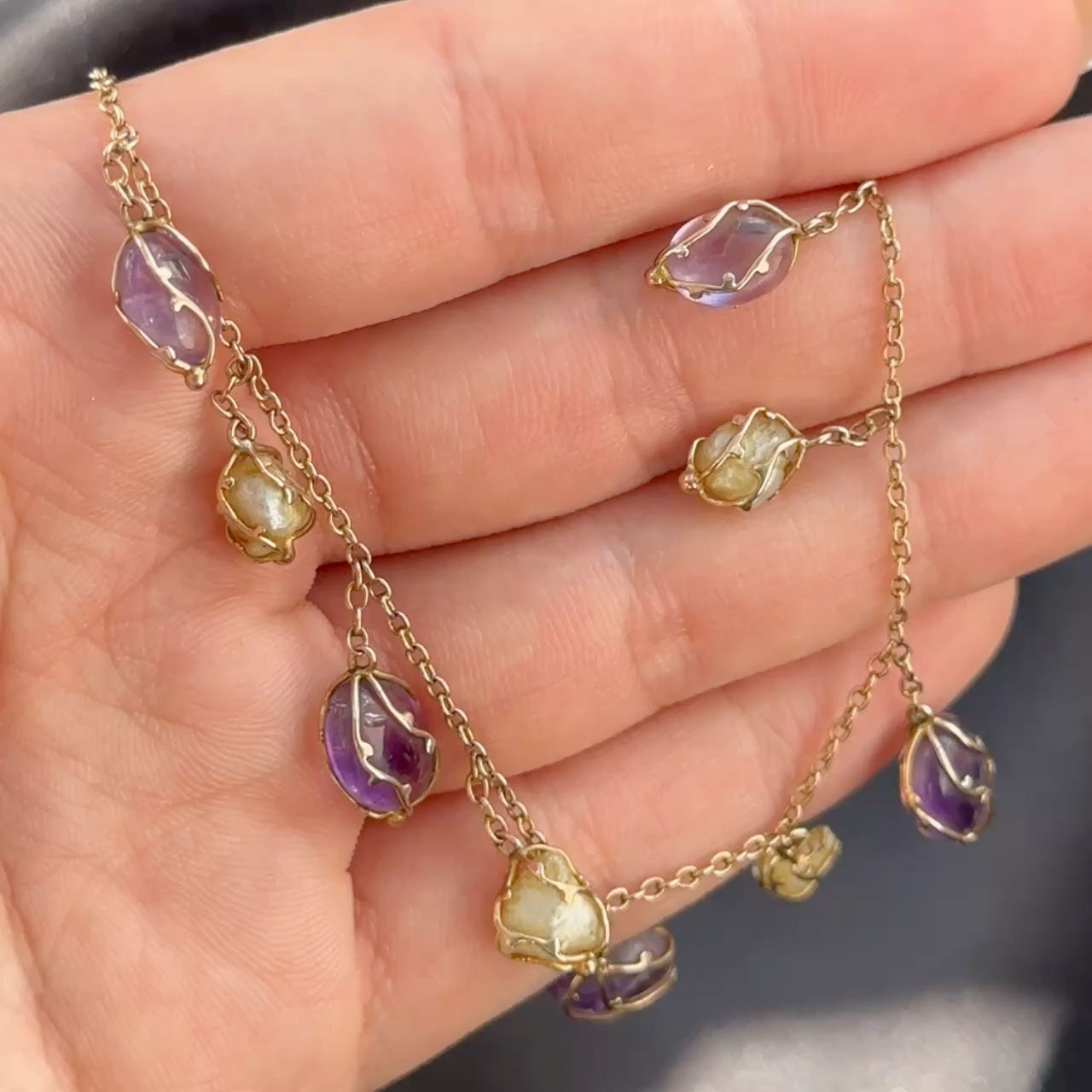 Arts and Crafts Amethyst and Pearl Drop Necklace