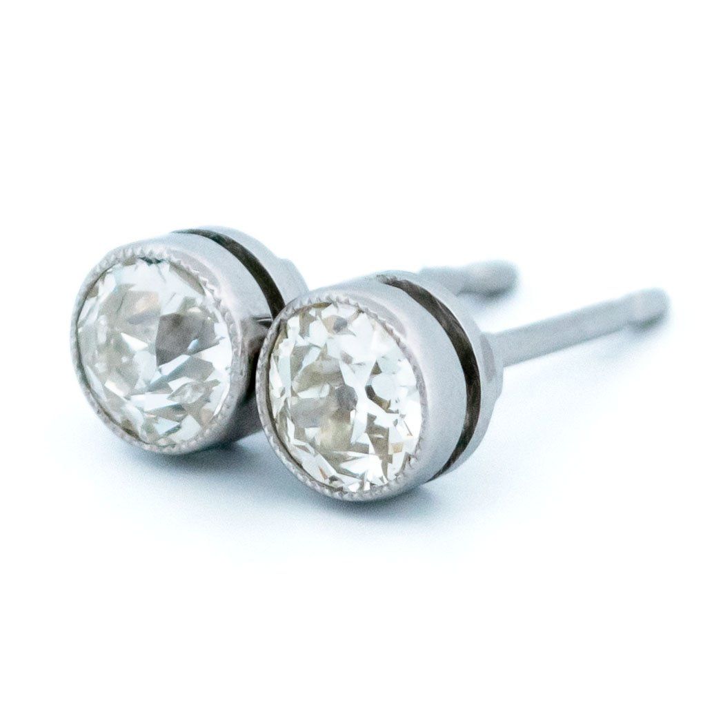 Antique Vintage 1.10ct Old Mine Cut Diamond Solitaire Stud Earrings in Platinum