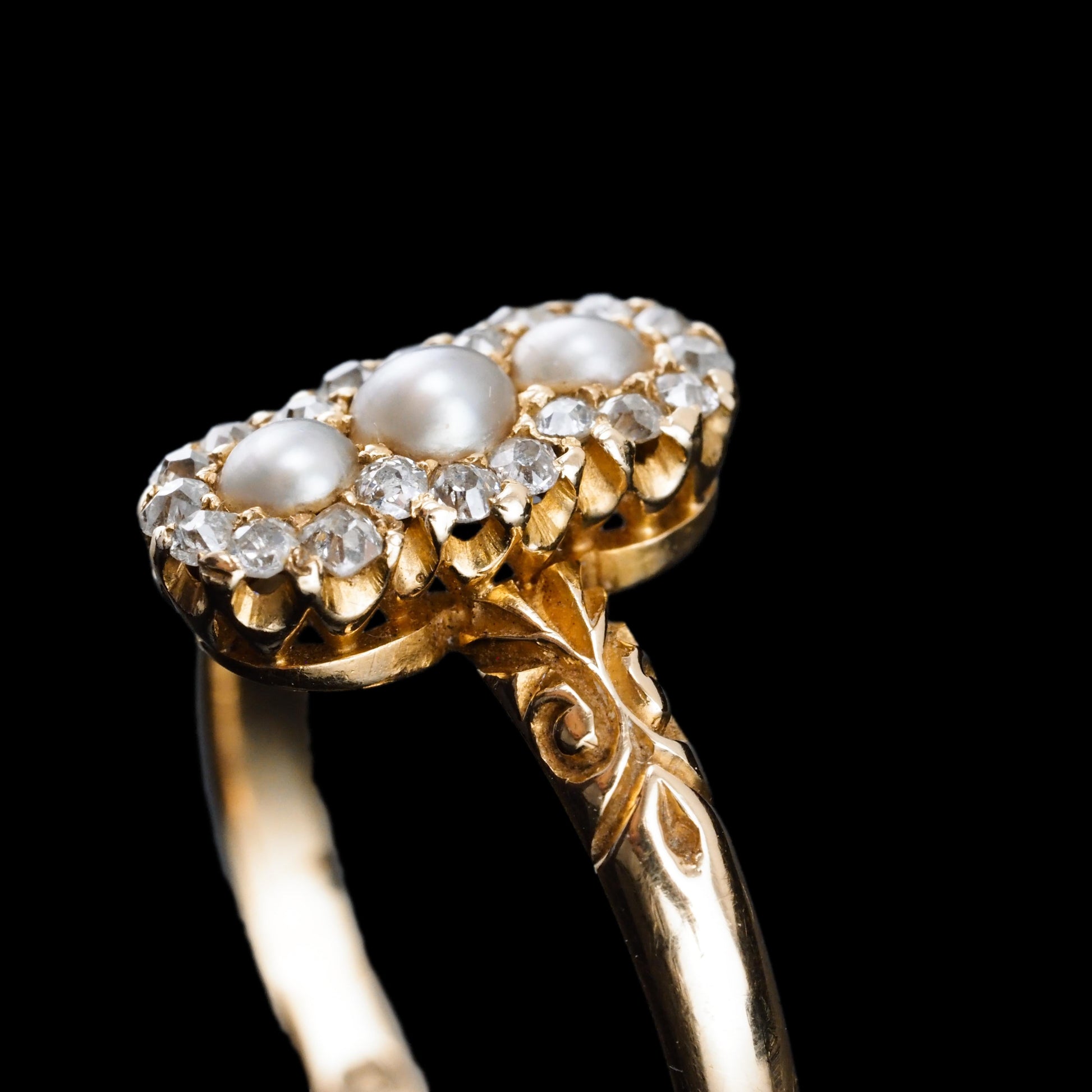 Antique Victorian Diamond and Pearl Triple Cluster Ring 18ct Gold - c.1900