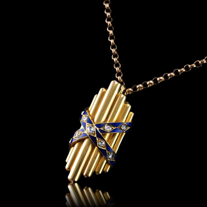 Antique Victorian 18 Carat Gold Rose Cut Diamond And Blue Enamel Pendant - circa 1880