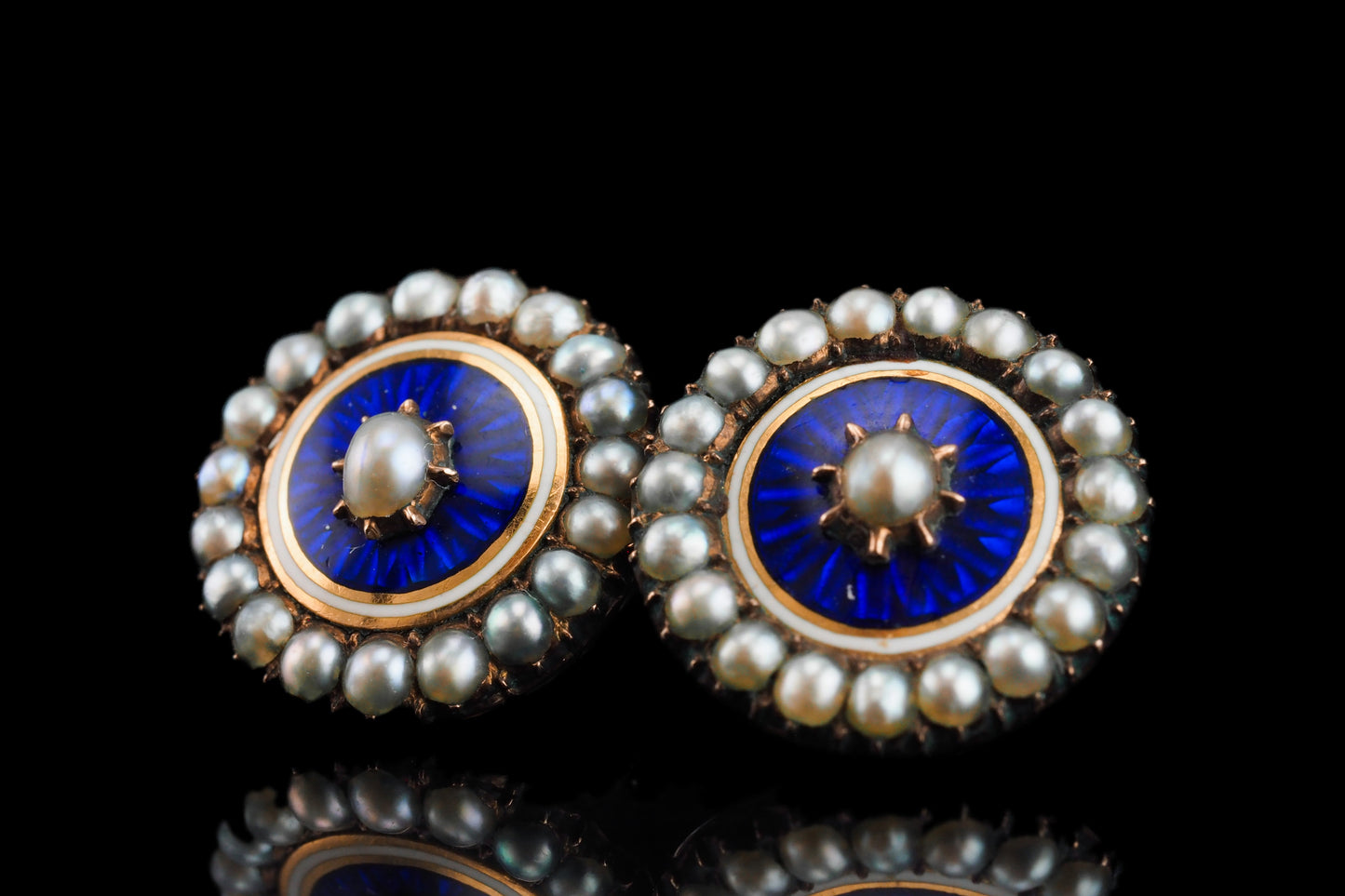 Antique Georgian Gold Earrings with Blue Enamel Guilloche and Seed Pearl Cluster 'Target' Design - c.1800