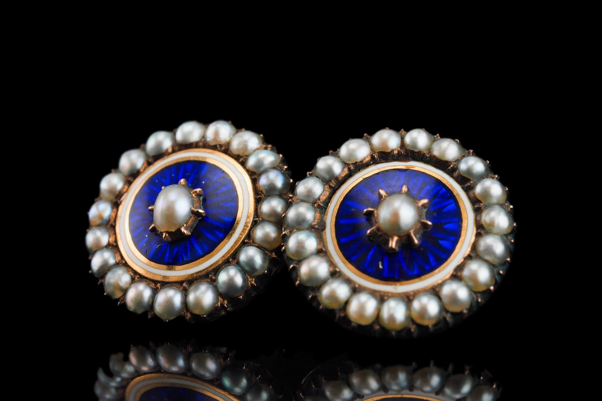 Antique Georgian Gold Earrings with Blue Enamel Guilloche and Seed Pearl Cluster 'Target' Design - c.1800