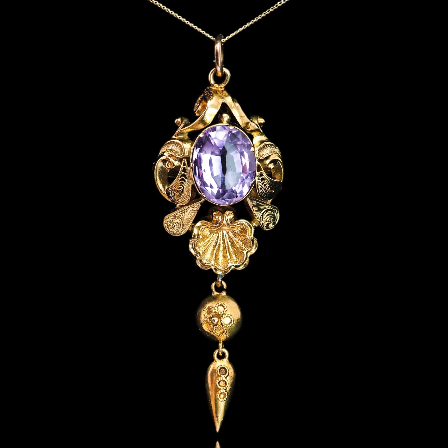 Antique Victorian Amethyst Pendant Necklace 14K Gold - 19th c.