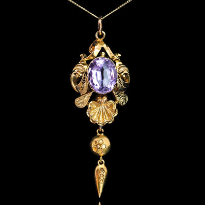 Antique Victorian Amethyst Pendant Necklace 14K Gold - 19th c.