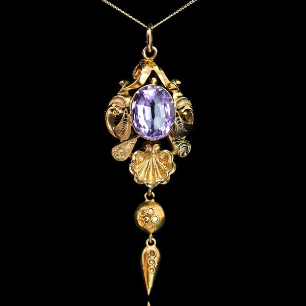 Antique Victorian Amethyst Pendant Necklace 14K Gold - 19th c.