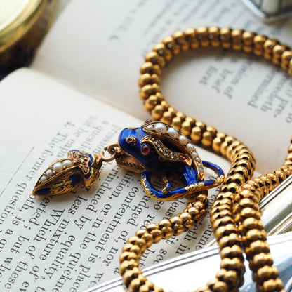 Victorian Antique Gold Snake Serpent Necklace with Diamond Pearl and Blue Enamel, Circa 1860