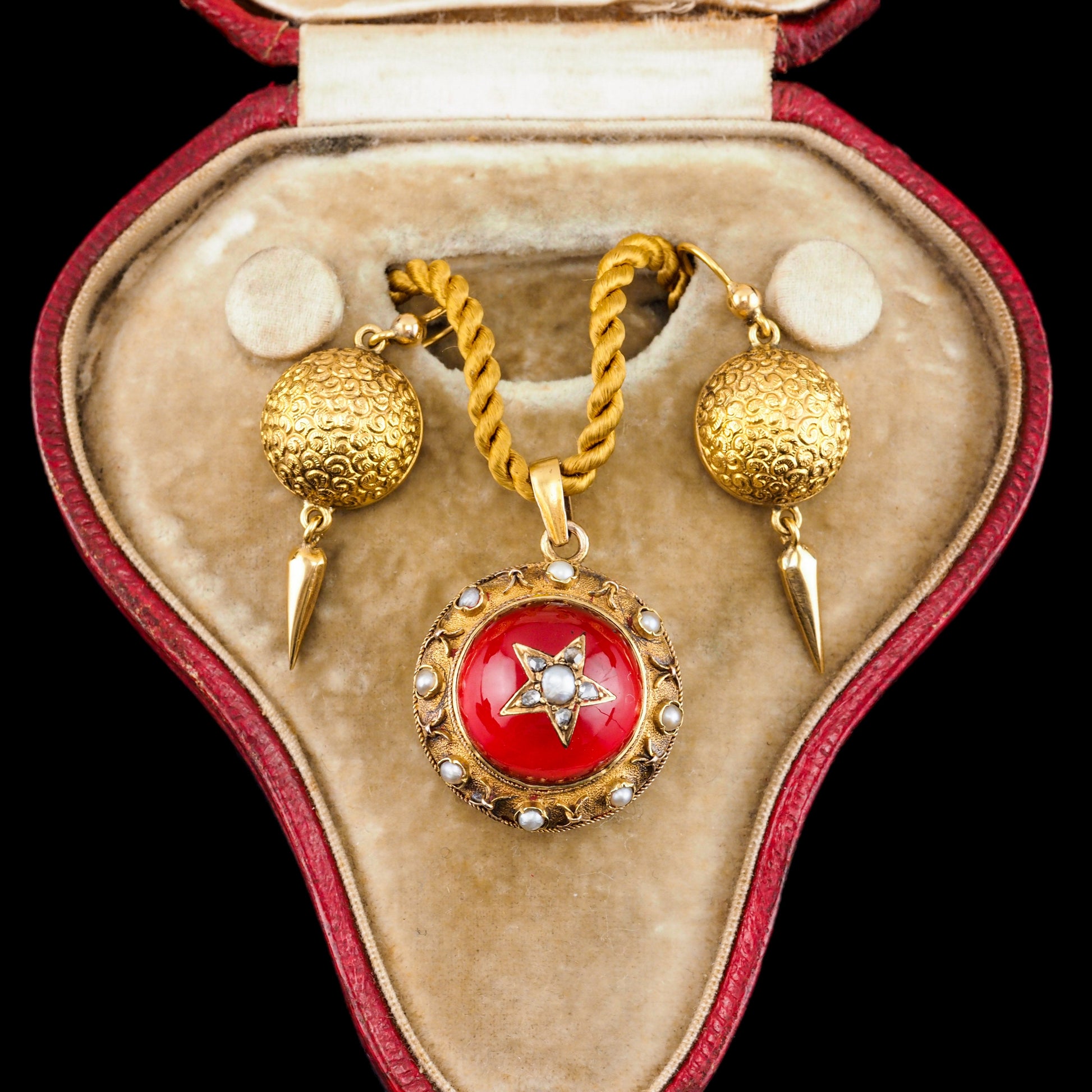 Antique Victorian Diamond & Pearl Star Necklace with Red Rock Crystal Cabochon 15ct Gold - c.1880
