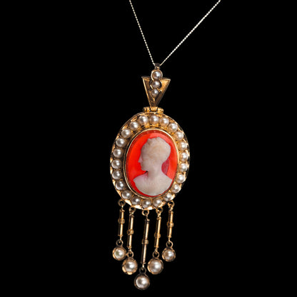 Antique Victorian Cameo and Pearl Cluster Pendant Necklace, Circa 1880