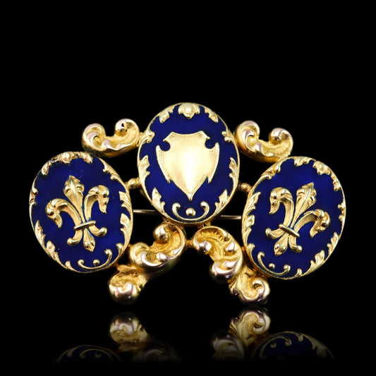 Antique Blue Enamel Fleur de Lys 18ct Gold Brooch in Triple Cartouche Design