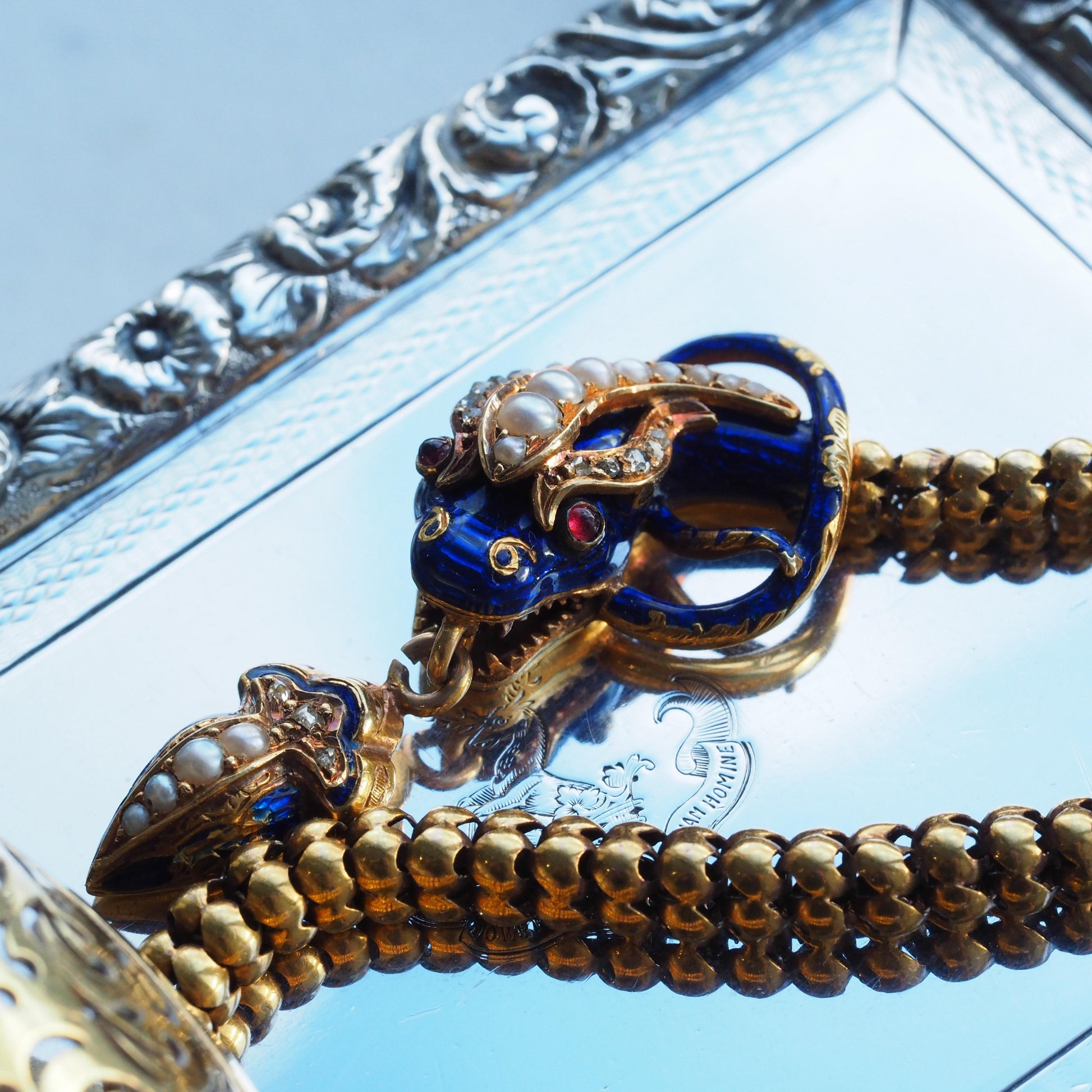 Victorian Antique Gold Snake Serpent Necklace with Diamond Pearl and Blue Enamel, Circa 1860