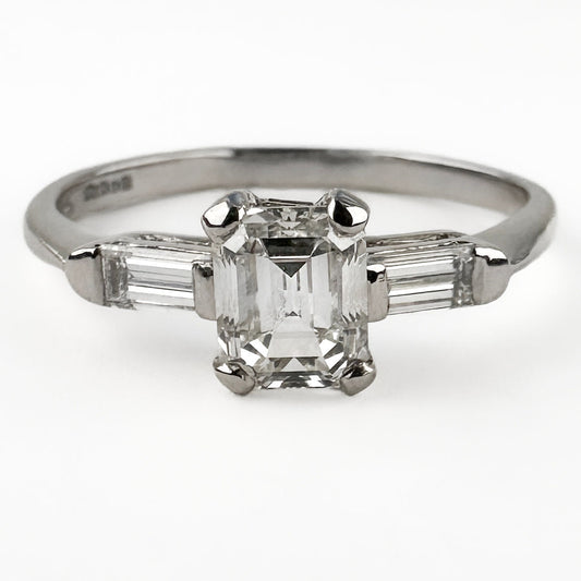 GIA Certified 1.02ct Emerald Cut Diamond and Baguette Diamond Trilogy Engagement Ring in Platinum