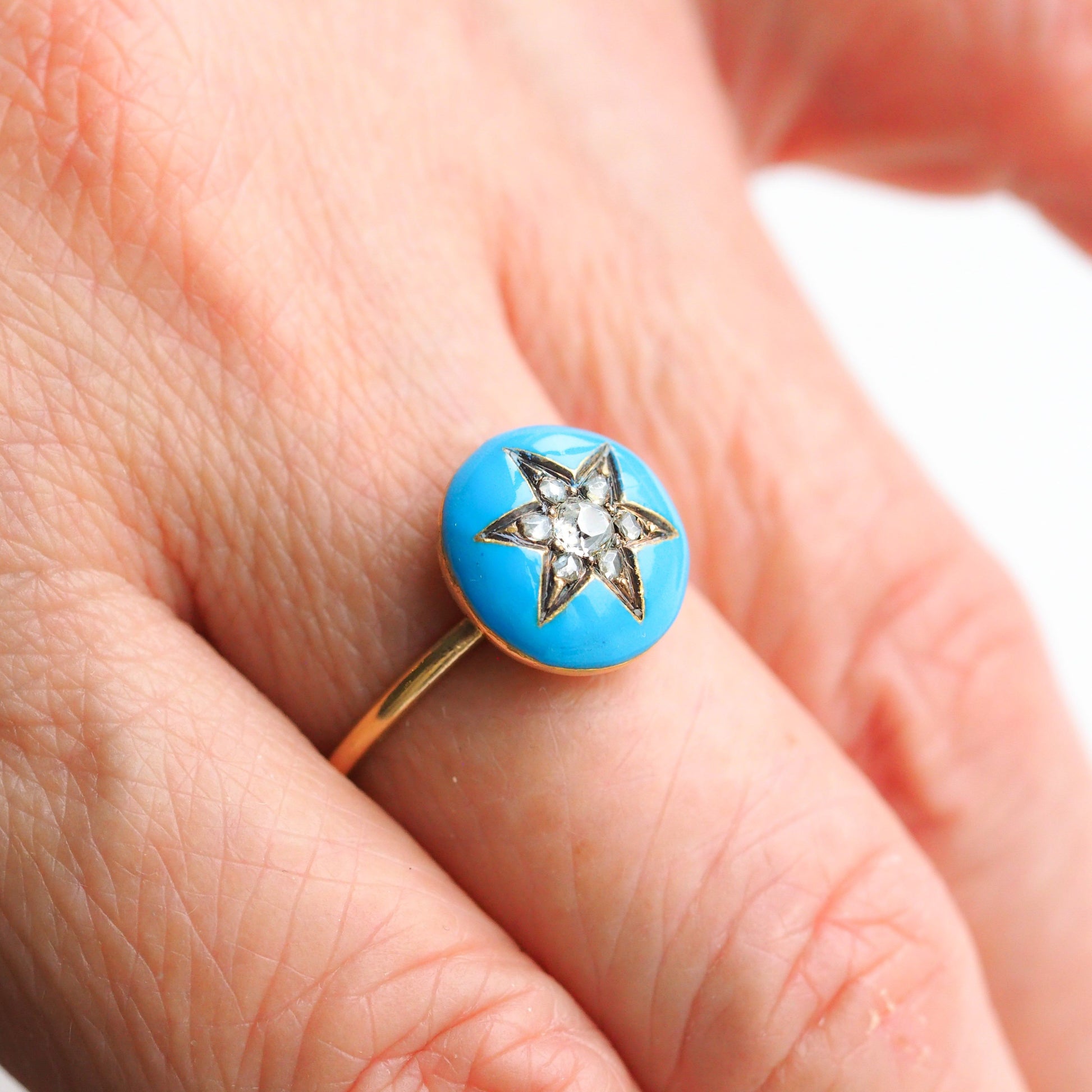 Antique Victorian Diamond Star Ring 9ct Gold Blue Enamel Cabochon - c.1890