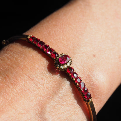 Antique Pink Garnet and Seed Pearl Bangle Bracelet