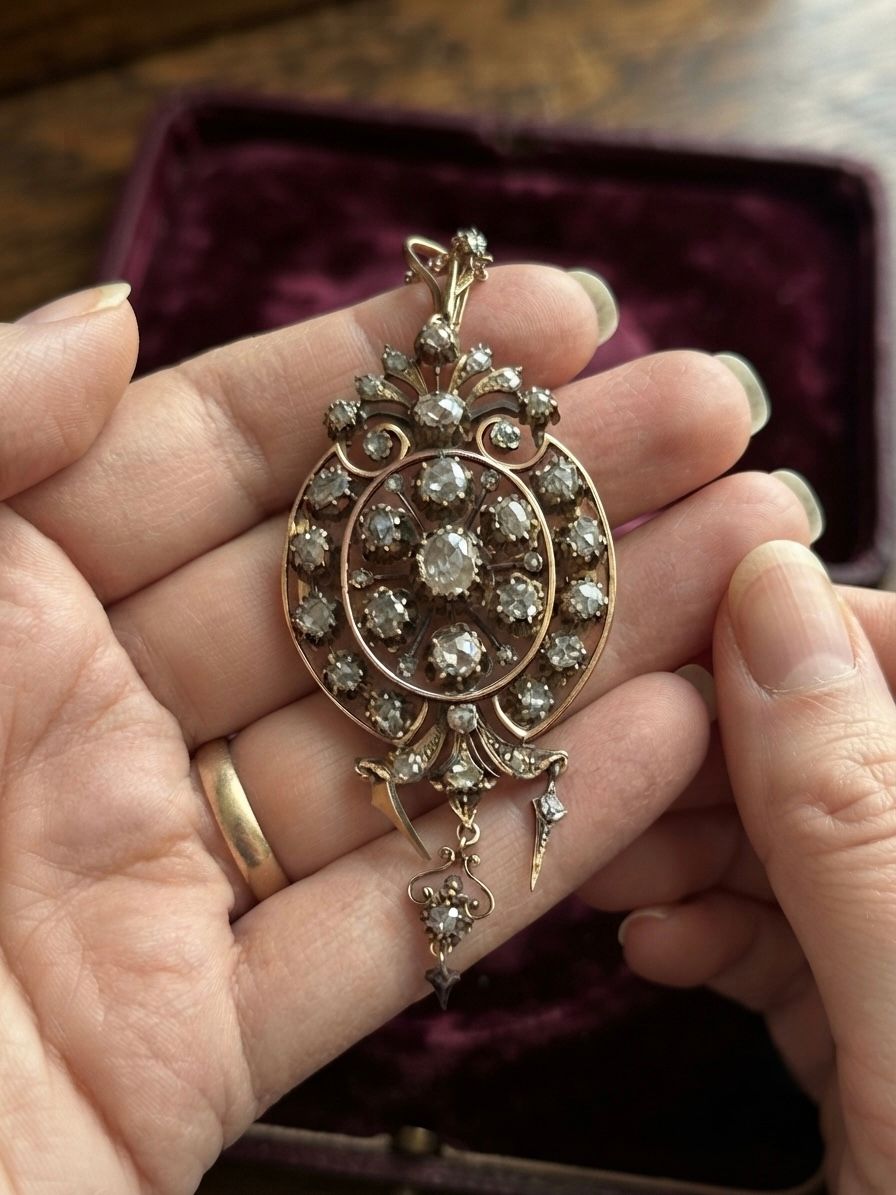 Victorian Antique 8cts Rose Cut Diamond Brooch Pendant