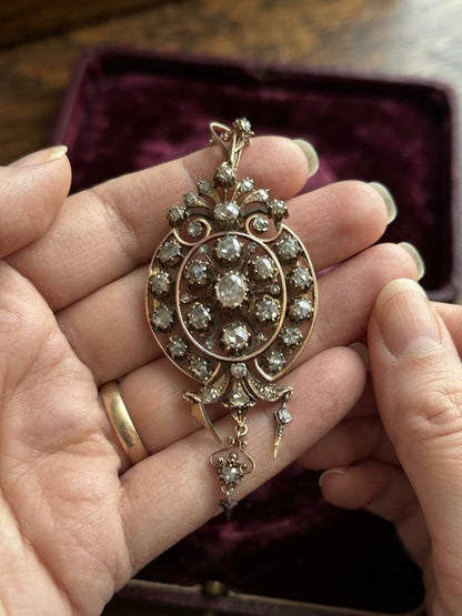 Victorian Antique 8cts Rose Cut Diamond Brooch Pendant