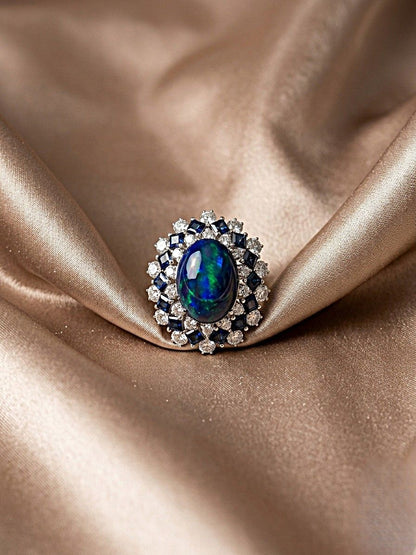 9.0 Ct. Australian Black Opal Diamond Sapphire Platinum Ring