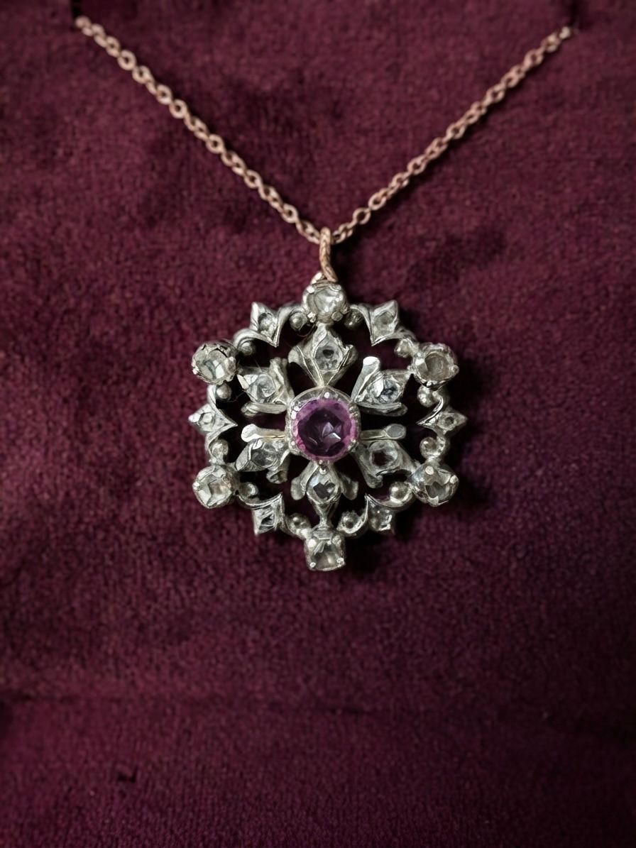 Victorian Natural Ruby Rose Cut Diamond Beautiful Flower Pendant