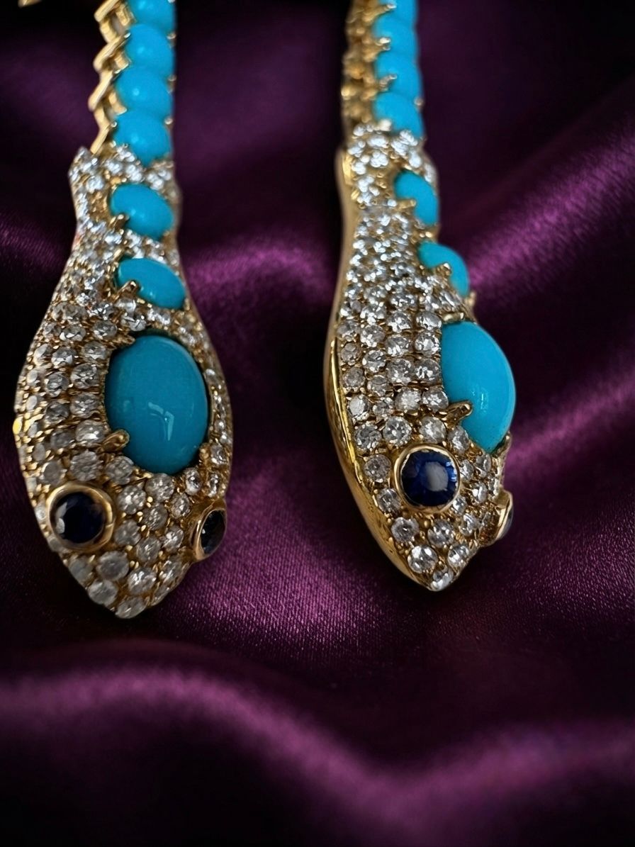 Vintage Turquoise 4.70 Diamond Snake Drop Earrings