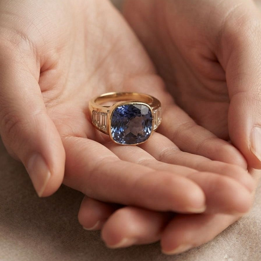 Italian Retro 10.61ct Unheated Natural No Heat Ceylon Sapphire and 2.60ct Baguette Diamond Engagement Ring in 18ct Yellow Gold