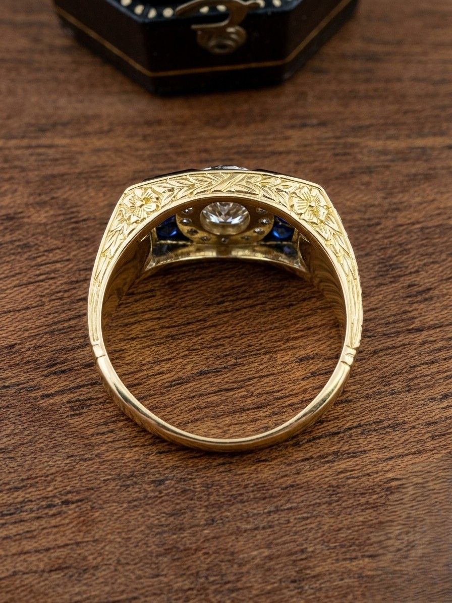 Italian Edwardian Verneuil Sapphire Diamond Three Stone Gent ring 18 KT