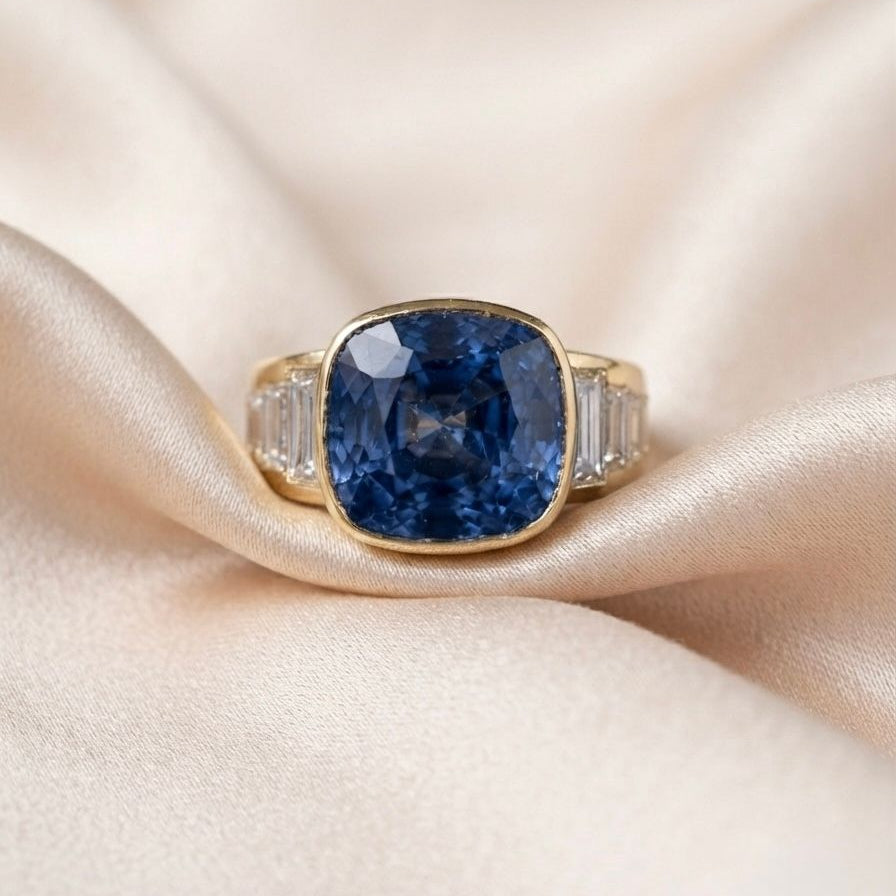 Italian Retro 10.61ct Unheated Natural No Heat Ceylon Sapphire and 2.60ct Baguette Diamond Engagement Ring in 18ct Yellow Gold