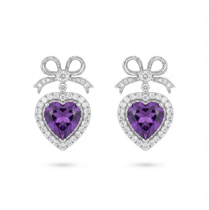 Vintage 18K White Gold Heart Amethyst & Diamond Earrings