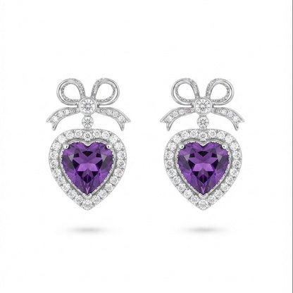 Vintage 18K White Gold Heart Amethyst & Diamond Earrings