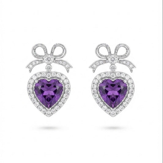 Vintage 18K White Gold Heart Amethyst & Diamond Earrings
