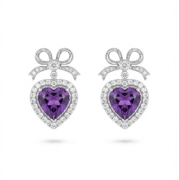 Vintage 18K White Gold Heart Amethyst & Diamond Earrings