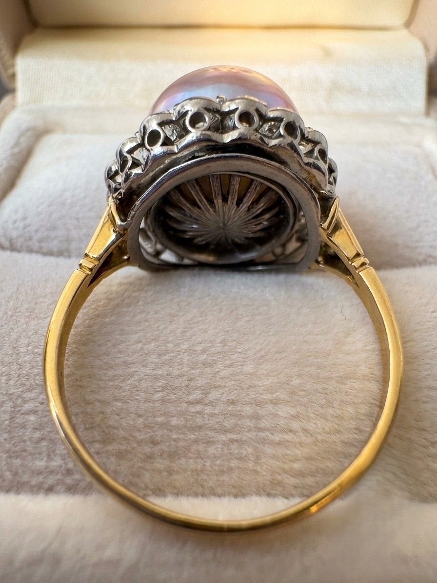 Edwardian 12 MM. Mabe Split Pearl 1.60 Ct Diamond Engagement Ring