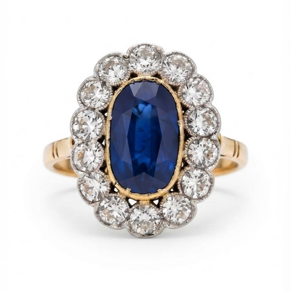 Late Victorian Antique 4.18ct Natural No Heat Ceylon Sapphire and Old Diamond Cluster Engagement Ring