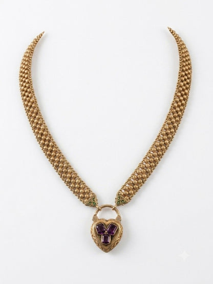Victorian 18K Yellow Gold Garnet Heart Locket Necklace, Circa 1870/80