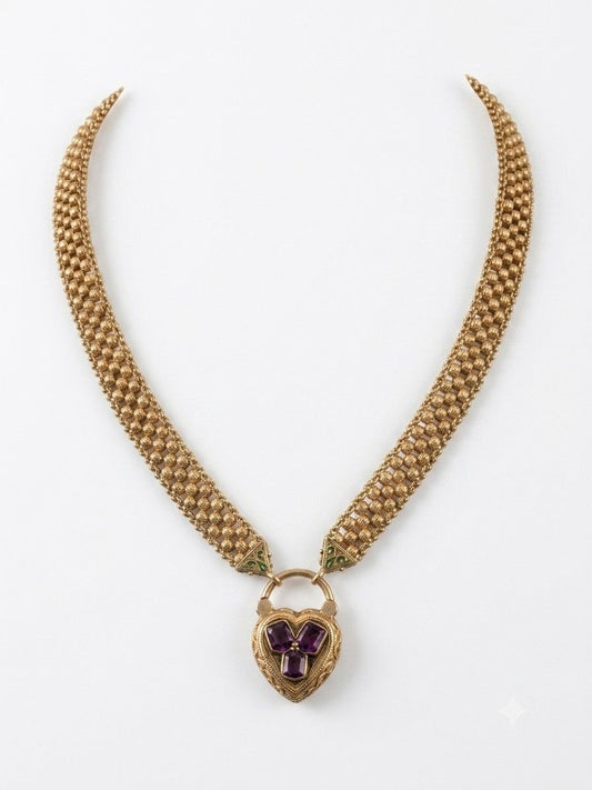 Victorian 18K Yellow Gold Garnet Heart Locket Necklace, Circa 1870/80