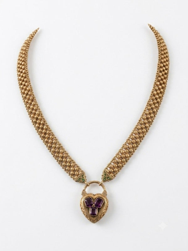 Victorian 18K Yellow Gold Garnet Heart Locket Necklace, Circa 1870/80
