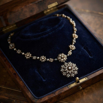 Victorian Antique Natural Pearl and Diamond Demi Parure Pendant Necklace Brooch, Circa 1860