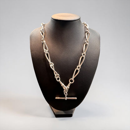 Victorian Antique Trombone Link Silver Albert Chain Necklace, Circa 1892
