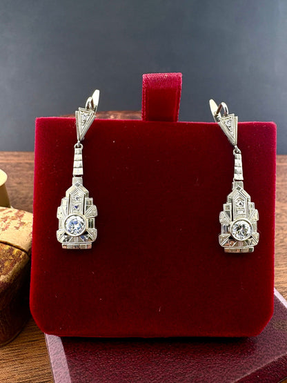 Art Deco 18K White Gold .92 Ct Diamond Drop Earrings, Italian 1925