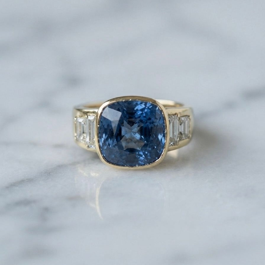 Italian Retro 10.61ct Unheated Natural No Heat Ceylon Sapphire and 2.60ct Baguette Diamond Engagement Ring in 18ct Yellow Gold
