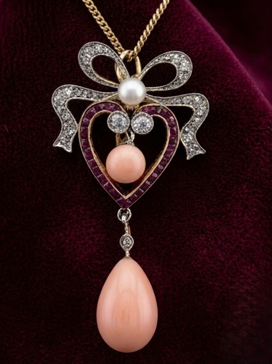 Edwardian Angel Skin Diamond Ruby Sweet Heart 18 KT necklet