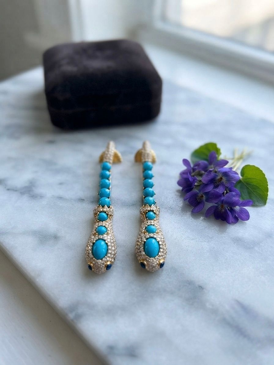 Vintage Turquoise 4.70 Diamond Snake Drop Earrings