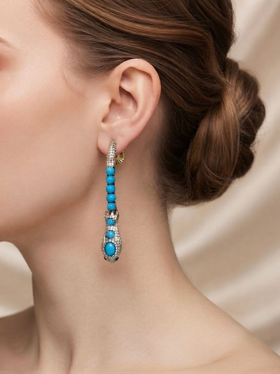Vintage Turquoise 4.70 Diamond Snake Drop Earrings