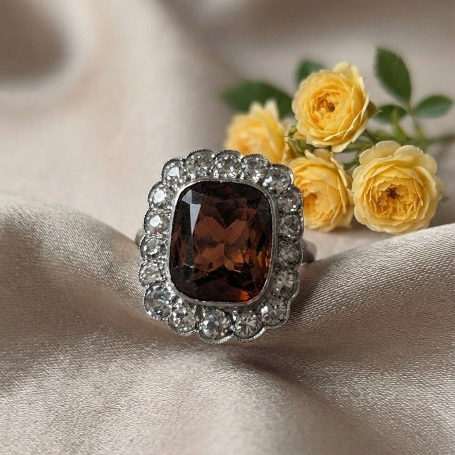 Edwardian Madeira Citrine Diamond Platinum 14 KT ring