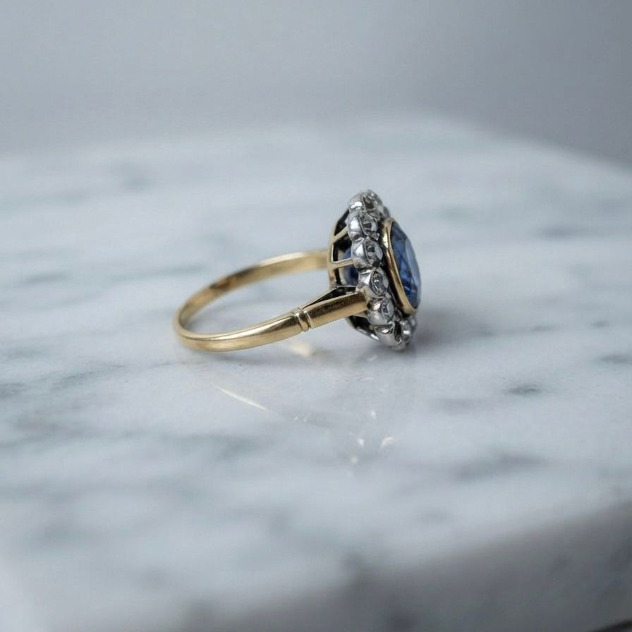 Late Victorian Antique 4.18ct Natural No Heat Ceylon Sapphire and Old Diamond Cluster Engagement Ring