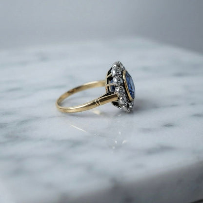 Late Victorian Antique 4.18ct Natural No Heat Ceylon Sapphire and Old Diamond Cluster Engagement Ring