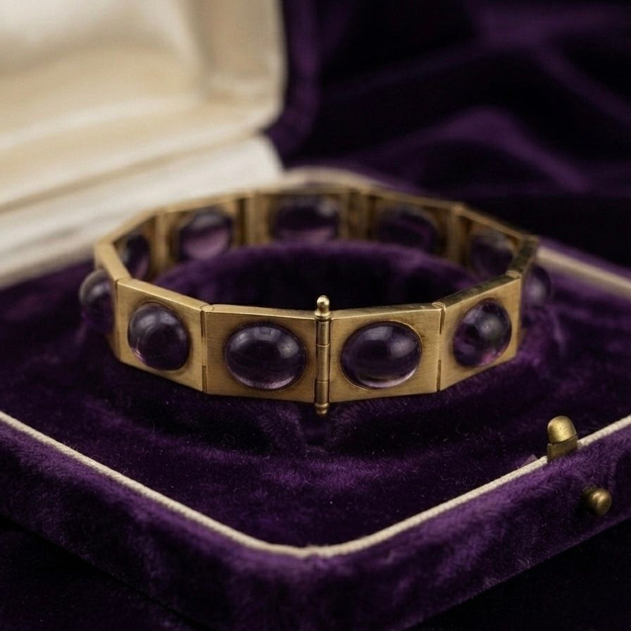 Victorian Antique Oval Cabochon Amethyst Panel Link Line Bracelet in 18ct Gold