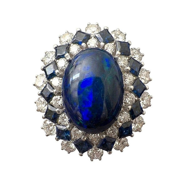 Vintage 9cts Australian Black Opal Diamond Sapphire Cluster Dress Ring in Platinum