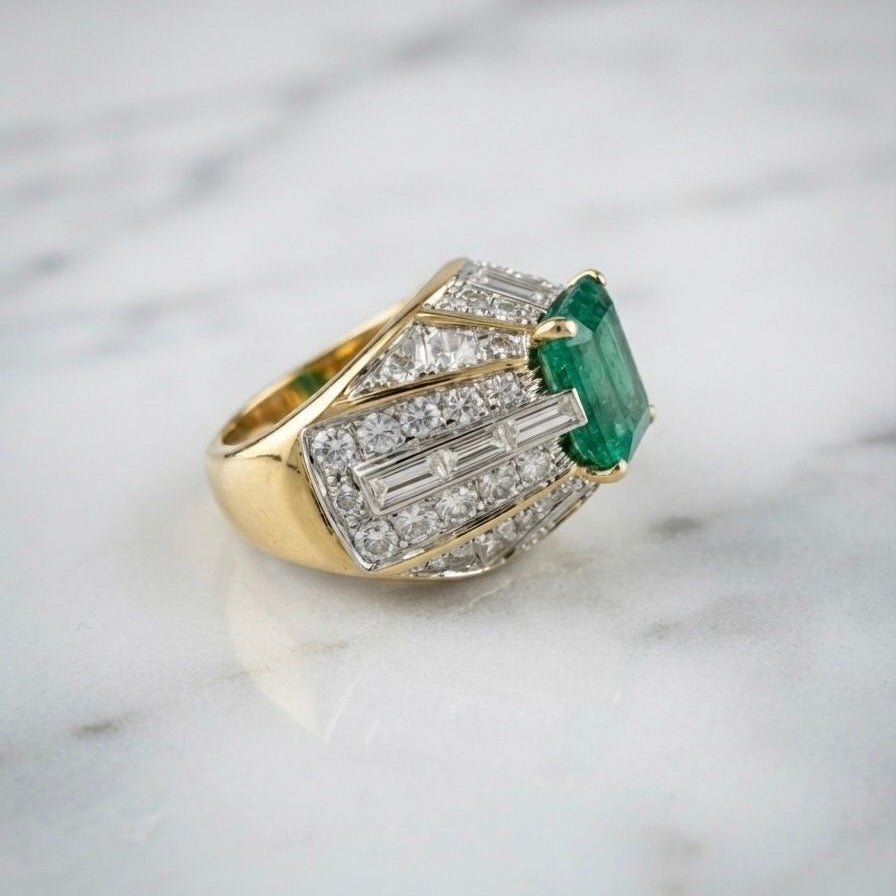 Italian Retro Colombian Emerald and 5ct Diamond Cocktail Ring