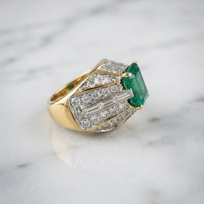 Italian Retro Colombian Emerald and 5ct Diamond Cocktail Ring