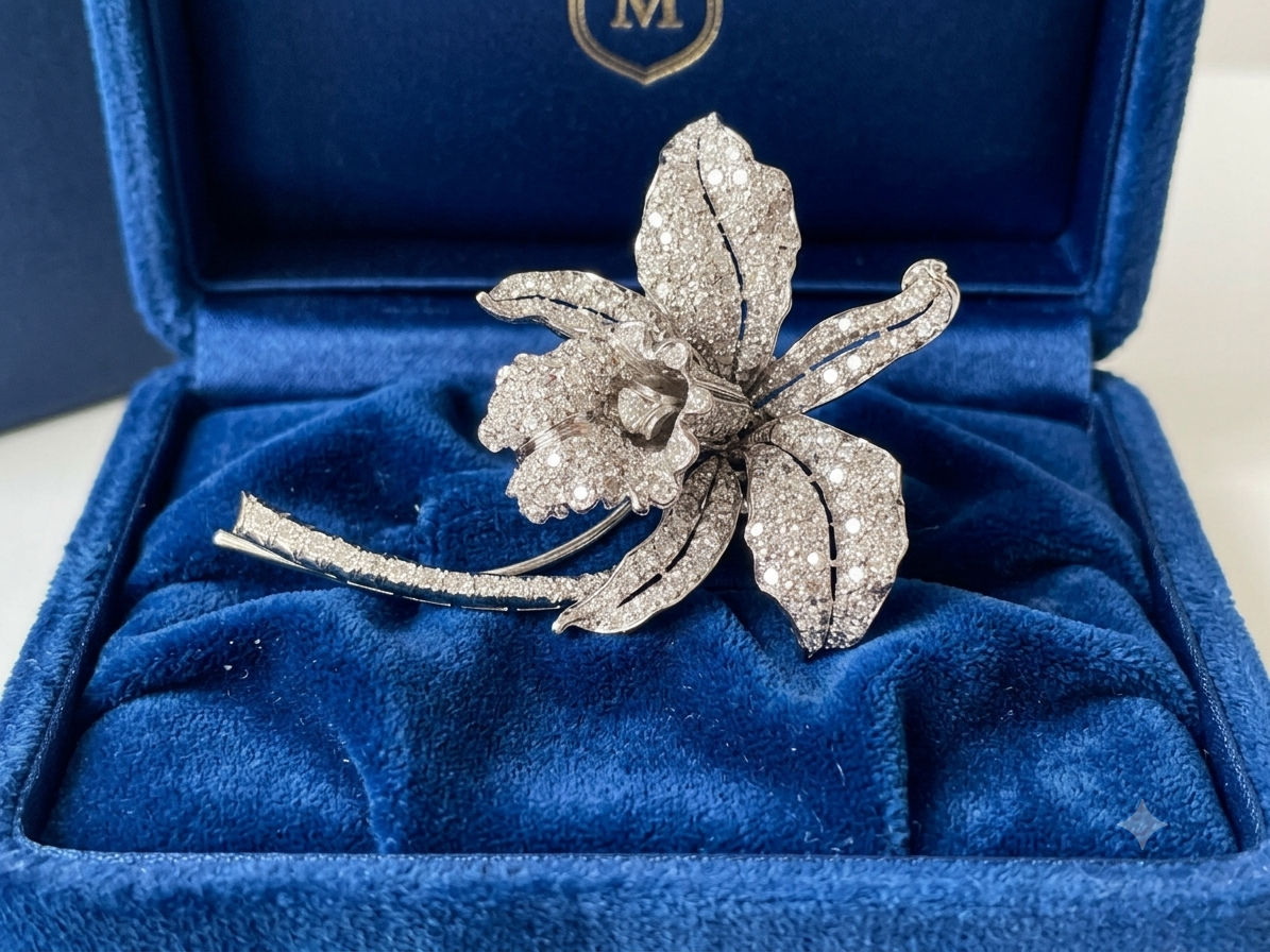 Edwardian Platinum Orchid Brooch, 5.0 Ct Old Mine Cut Diamonds, Italy